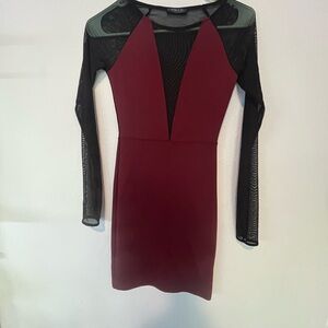 New York & Company Burgundy Dress with Black Mesh Sleeves